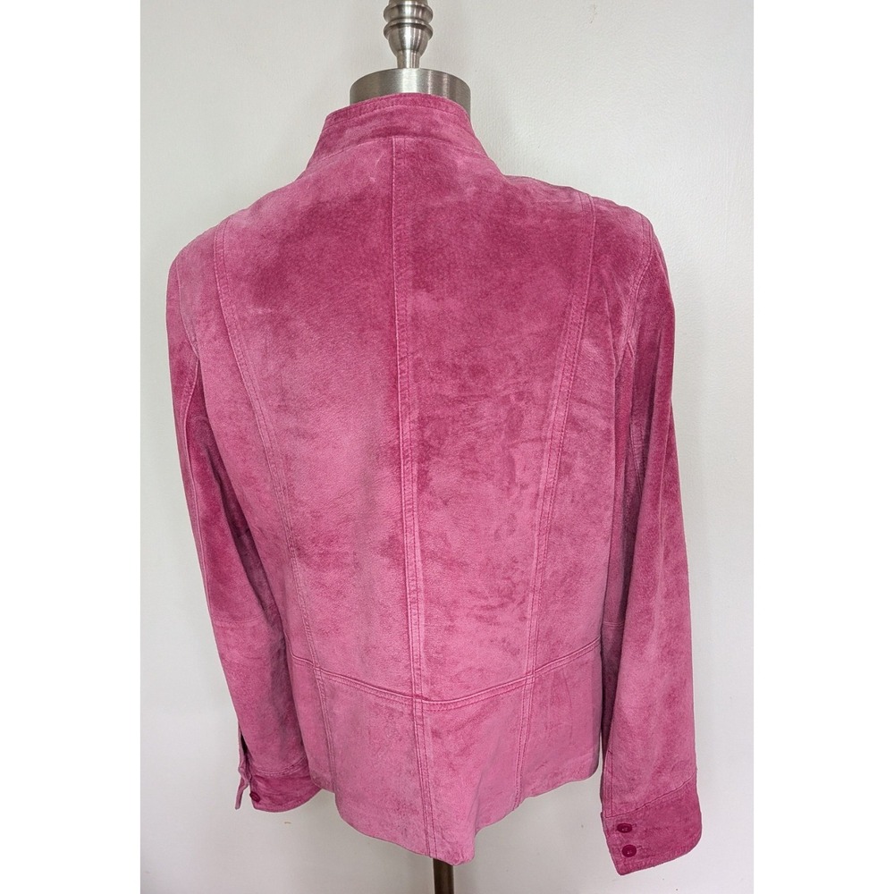 VTG 100% Pink Suede Leather Jacket Button Front Mandarin Collar Barbie Preppy - Picture 2 of 6